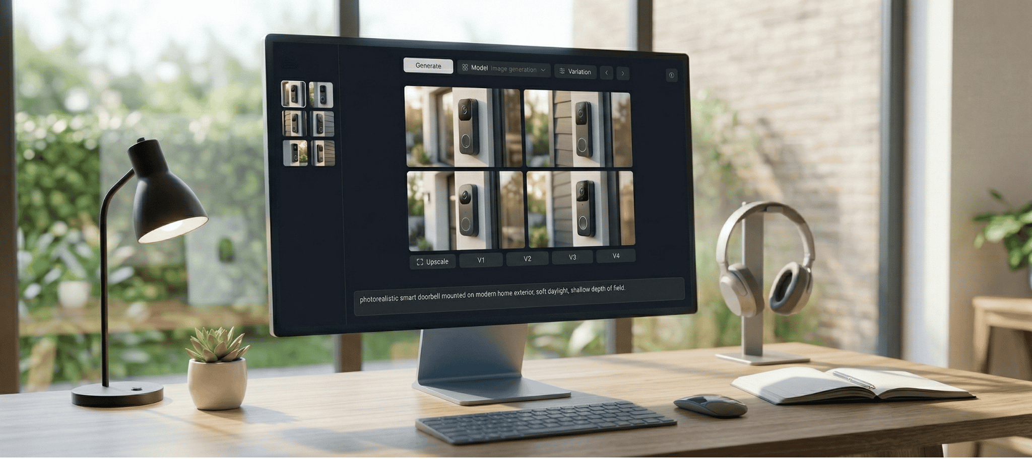 Computer monitor on a desk displaying an AI image generator creating smart doorbell images, with a lamp, plant, headphones, and notebook nearby.